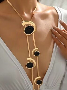 Gold toned and Black Statement Lariat Necklace - Women Jewelry